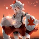  1girl animal_ears bare_shoulders bike_shorts detached_sleeves hat inubashiri_momiji monrooru red_eyes shield solo sunset sword tail tokin_hat touhou weapon white_hair wolf_ears wolf_tail 