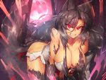  1girl all_fours animal_ears ass bare_shoulders black_hair breasts brooch cleavage clenched_teeth full_moon fur hanging_breasts heavy_breathing highres imaizumi_kagerou jewelry large_breasts long_hair looking_at_viewer moon red_eyes red_moon solo tail teeth temmasa22 torn_clothes touhou transformation tsurime wolf_ears wolf_tail 