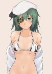  1girl :| arms_behind_back bare_shoulders beige_background bikini bikini_top blush breasts cleavage closed_mouth collarbone embarrassed eyebrows eyebrows_visible_through_hair eyepatch flat_cap green_eyes green_hair hair_between_eyes hat kantai_collection kiso_(kantai_collection) looking_at_viewer midriff navel nikonikosiro one_eye_covered shirt short_hair simple_background solo stomach swimsuit undressing white_bikini white_hat white_shirt 
