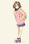  1girl backpack bag blue_eyes blush brown_hair dated hair_ornament hairclip hand_in_pocket headphones headphones_around_neck looking_at_viewer original school_uniform shoes short_hair simple_background skirt smile sneakers solo tsukigami_runa 