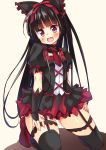  1girl asa_no_ha black_hair garter_straps gate_-_jieitai_ka_no_chi_nite_kaku_tatakaeri gothic_lolita hair_ribbon highres lolita_fashion long_hair red_eyes ribbon rory_mercury solo thigh-highs 