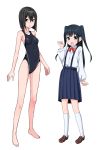  2girls :d black_hair blue_eyes breasts competition_swimsuit covered_navel highres kimagure_blue kneehighs multiple_girls one-piece_swimsuit open_mouth original pleated_skirt short_hair simple_background skirt smile swimsuit twintails white_background white_legwear 