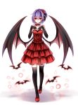  1girl alternate_costume alternate_hairstyle bangs bare_shoulders bat bat_wings black_gloves black_legwear bow choker dress elbow_gloves flower full_body gloves hair_between_eyes hair_flower hair_ornament hands_on_own_chest highres light_particles mary_janes purple_hair red_dress red_shoes remilia_scarlet ribbon rose sheya shoe_bow shoes short_dress short_ponytail sidelocks simple_background small_breasts smile solo strapless strapless_dress thigh-highs touhou white_background wings zettai_ryouiki 