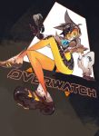  1girl amiami black_hair bodysuit brown_background brown_gloves copyright_name crossed_legs from_below gloves goggles highres looking_at_viewer overwatch shoes simple_background sitting smile sneakers solo spandex spiky_hair tracer_(overwatch) triangle 