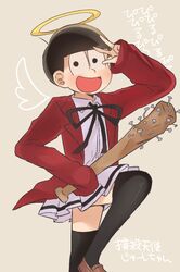  1boy :d baseball_bat black_hair black_legwear bokusatsu_tenshi_dokuro-chan catchphrase cosplay crossdressinging drawn_wings halo looking_at_viewer male_focus matsuno_juushimatsu mitsukai_dokuro mitsukai_dokuro_(cosplay) nail nail_bat open_mouth osomatsu-san school_uniform simple_background skirt sleeves_past_wrists smile standing_on_one_leg thigh-highs trait_connection translated usameruti weapon_connection 