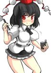  1girl :p black_hair blush bouncing_breasts breasts gaoo_(frpjx283) hat highres large_breasts miniskirt naughty_face notebook pen pom_pom_(clothes) red_eyes shameimaru_aya skirt solo tokin_hat tongue tongue_out touhou 