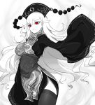  1girl breasts chinese_clothes dress hat highres junko_(touhou) large_breasts long_hair long_sleeves monochrome open_mouth raptor7 red_eyes simple_background solo spot_color tabard thigh-highs touhou very_long_hair wide_sleeves 