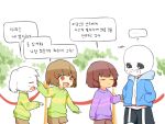  ... 2boys =_= androgynous asriel_dreemurr brown_hair chara_(undertale) check_translation fence frisk_(undertale) korean misha_(hoongju) monster_boy multiple_boys pushing_away pushing_face red_eyes sans shirt skeleton sleeve_tug spoilers spoken_ellipsis striped striped_shirt translation_request tree undertale 