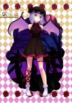  1girl absurdres alternate_costume argyle argyle_background armband arms_behind_back bare_shoulders bat_wings black_dress blush character_name dress fang flower hat hat_ribbon head_tilt highres lavender_hair leg_ribbon looking_at_viewer mob_cap moon red_eyes red_moon red_ribbon red_rose remilia_scarlet ribbon rose sleeveless smile solo sonikey0_0 thigh_strap touhou wings 