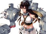  1girl black_hair breasts brown_eyes cannon cleavage elbow_gloves gloves headgear kantai_collection large_breasts long_hair midriff miniskirt nagato_(kantai_collection) open_mouth pleated_skirt rigging serious simple_background skirt solo turret upper_body uramiyuki white_background 