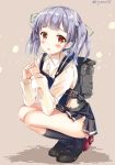  1girl backpack bag blush commentary_request hair_ribbon kantai_collection long_sleeves ooshio_(kantai_collection) open_mouth red_eyes remodel_(kantai_collection) ribbon shirt silver_hair skirt solo sousouman squatting torn_clothes torn_shirt torn_skirt torn_sleeves twintails 