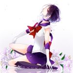  1girl bishoujo_senshi_sailor_moon black_hair boots bow choker elbow_gloves flower from_side full_body gloves hanasato_(okashino) knee_boots lily_(flower) parted_lips pleated_skirt purple_boots purple_skirt red_bow reflection reflective_floor sailor_saturn short_hair sitting skirt solo tomoe_hotaru violet_eyes wariza white_background white_gloves 