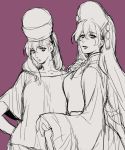  2girls asakura_noi bad_hands breasts chinese_clothes dress eyes hand_on_hip hat hecatia_lapislazuli junko_(touhou) lips lipstick long_hair long_sleeves looking_at_viewer looking_to_the_side makeup monochrome multiple_girls off-shoulder_shirt polos_crown purple_background ribbon shirt short_sleeves side_glance simple_background sketch smile tabard touhou very_long_hair wide_sleeves 