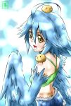  1girl ahoge animal animal_on_head animal_on_shoulder bird bird_on_head bird_on_shoulder blue_hair blue_wings blush_stickers butt_crack chick cowboy_shot feathered_wings from_behind harpy monster_girl monster_musume_no_iru_nichijou papi_(monster_musume) s-now signature solo wings yellow_eyes 