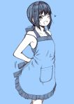  1girl ;d alternate_costume apron bangs blue_background bow commentary_request fubuki_(kantai_collection) grin heart kantai_collection kouji_(campus_life) looking_at_viewer low_ponytail monochrome one_eye_closed open_mouth ponytail revision short_ponytail sketch smile solo strap_slip tying_apron 