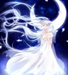  1girl absurdly_long_hair bishoujo_senshi_sailor_moon blue_eyes crescent_moon double_bun dress hanasato_(okashino) highres long_hair moon neo_queen_serenity petals pink_lips profile see-through silver_hair solo tsukino_usagi twintails very_long_hair white_dress white_hair 