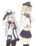  2girls blonde_hair blue_eyes capelet cnm cosplay costume_switch covering covering_navel gloves graf_zeppelin_(kantai_collection) graf_zeppelin_(kantai_collection)_(cosplay) hand_on_own_stomach hat hat_tip hibiki_(kantai_collection) hibiki_(kantai_collection)_(cosplay) kantai_collection long_hair midriff multiple_girls peaked_cap pleated_skirt skirt twintails undersized_clothes 