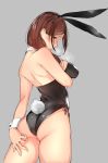  1girl animal_ears ass back black_eyes breasts brown_hair bunny_tail bunnysuit fake_animal_ears fake_tail grey_background highres long_hair looking_at_viewer original parted_lips rabbit_ears sideboob sitting solo tail tsukino_wagamo 