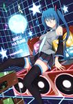  1girl blue_eyes blue_hair character_name copyright_name detached_sleeves domo1220 hatsune_miku highres long_hair looking_at_viewer musical_note necktie sitting skirt solo speaker star tattoo thigh-highs twintails very_long_hair vocaloid 