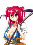  1girl blush breasts cleavage collarbone grin hair_bobbles hair_ornament highres japanese_clothes large_breasts long_hair looking_at_viewer onozuka_komachi over_shoulder puffy_short_sleeves puffy_sleeves red_eyes redhead scythe short_sleeves smile solo touhou try tsurime twintails two_side_up upper_body weapon weapon_over_shoulder white_background 