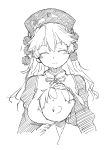  1boy 1girl age_difference bangs chinese_clothes closed_eyes eyebrows hat head_tilt junko_(touhou) long_hair monochrome petting pom_pom_(clothes) ribbon sketch smile tabard touhou upper_body wide_sleeves yes_warabi 