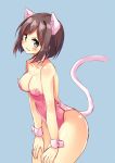  1girl animal_ears asa_no_ha breasts brown_hair cat_ears cat_tail choker cleavage green_eyes highres idolmaster idolmaster_cinderella_girls kittysuit leotard maekawa_miku short_hair solo tail wrist_cuffs 