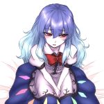  1girl between_legs blue_hair blush bow dress facing_viewer hands_clasped hinanawi_tenshi layered_dress long_hair looking_away miata_(pixiv) no_hat on_bed open_mouth red_eyes seiza sitting small_breasts solo touhou v_arms very_long_hair 