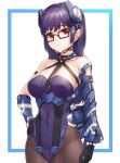  1girl arm_at_side arm_strap armlet armor armpits asymmetric_gloves asymmetrical_clothes bangs bare_shoulders black-framed_glasses black_gloves black_legwear blue_hair breasts choker cleavage collarbone covered_navel cowboy_shot elbow_gloves eyebrows eyebrows_visible_through_hair frame glasses gloves groin halterneck hand_on_hip headgear highleg highleg_leotard hips kfr leotard long_hair looking_at_viewer original pantyhose parted_lips red_eyes science_fiction sideboob simple_background skin_tight solo white_background 