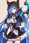  1girl aosaki_yukina black_gloves blue_eyes blue_hair blue_lipstick breasts cleavage dress gloves hair_ornament hair_over_one_eye hairclip hood lipstick long_hair looking_at_viewer makeup original smile solo staff 