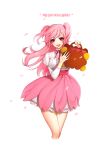  1girl :d aegyo bag cherry_blossom_cookie cookie_run eyelashes highres korean long_hair long_sleeves open_mouth petals petticoat pink_hair pink_skirt puffy_long_sleeves puffy_sleeves red_ribbon ribbon short_twintails skirt smile solo teeth translation_request twintails white_background 