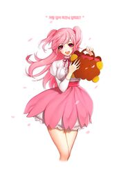  1girl :d aegyo bag cherry_blossom_cookie cookie_run eyelashes highres korean long_hair long_sleeves open_mouth petals petticoat pink_hair pink_skirt puffy_long_sleeves puffy_sleeves red_ribbon ribbon short_twintails skirt smile solo teeth translation_request twintails white_background 