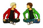  2boys albedo_(ben_10) albino ben_10 ben_10:_alien_force benjamin_kirby_tennyson brown_hair glaring indian_style male_focus multiple_boys omnitrix red_eyes short_hair simple_background sitting white_hair 