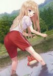  1girl :d absurdres ass bent_over blonde_hair blue_eyes chloe_lemaire dirty dutch_angle forest from_behind girlfriend_(kari) gym_shorts gym_uniform highres kishida_mel leaning_forward long_hair looking_at_viewer looking_back mud nature official_art open_mouth outdoors reflection rice_paddy rice_planting sample sky smile solo standing wading water 