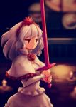  1girl candle dazed dress fennel(momodora) flower hairband makaroll momodora momodora:_reverie_under_the_moonlight red_eyes rose short_sword silver_hair solo stain stained_glass sword weapon white_dress white_skin 