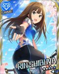  1girl artist_request bicycle bike_jersey bike_shorts brown_hair card_(medium) character_name cherry_blossoms diamond_(symbol) earrings fingerless_gloves gloves green_eyes idolmaster idolmaster_cinderella_girls jewelry long_hair looking_back necklace official_art outstretched_hand petals shibuya_rin smile solo 