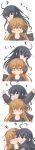  2girls :i ^_^ ahoge arms_up black_hair black_serafuku blush brown_hair check_translation cheek-to-cheek closed_eyes comic commentary_request glasses hands_on_another&#039;s_cheeks hands_on_another&#039;s_face heart_ahoge highres jack_(slaintheva) kantai_collection light_brown_eyes light_brown_hair long_hair long_image long_sleeves looking_at_another looking_at_viewer mikazuki_(kantai_collection) mochizuki_(kantai_collection) multiple_girls open_mouth pout school_uniform serafuku simple_background smile tall_image translation_request white_background 