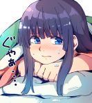  1girl alternate_hair_color anarogumaaa blue_eyes blush colored_eyelashes cover crying crying_with_eyes_open face hands hime_cut houraisan_kaguya long_hair long_sleeves looking_to_the_side lying on_stomach open_mouth pillow purple_hair shiny shiny_hair simple_background solo tears touhou white_background 
