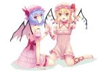  2girls :d absurdres arm_cuffs arm_support bare_shoulders bat_wings blush bow dress flandre_scarlet foreshortening hat hat_ribbon highres leg_garter leg_ribbon looking_at_viewer mob_cap multicolored_wings multiple_girls nail_polish open_mouth pink_dress pointing pointing_at_viewer red_bow red_nails remilia_scarlet ribbon short_hair siblings side_ponytail sisters smile sonikey0_0 tattoo touhou white_background wings wrist_cuffs 