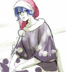  1girl asakura_noi blue_hair capelet doremy_sweet dress fur_trim hands_together hat lips looking_at_viewer nightcap polka_dot pom_pom_(clothes) short_hair sitting sketch solo touhou violet_eyes white_background 