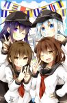  4girls akatsuki_(kantai_collection) anchor_symbol badge black_skirt blue_eyes blush brown_eyes brown_hair facepaint fang flat_cap folded_ponytail hair_between_eyes hair_ornament hairclip hand_on_hip hat hibiki_(kantai_collection) highres ikazuchi_(kantai_collection) inazuma_(kantai_collection) kantai_collection long_hair long_sleeves looking_at_viewer multiple_girls neckerchief number one_eye_closed open_mouth purple_hair satou_saya school_uniform serafuku short_hair silver_hair skirt smile string_of_flags v violet_eyes 