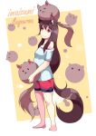  1girl :3 absurdres adapted_costume animal animal_ears animal_on_head bare_shoulders barefoot brown_hair casual character_name hair_between_eyes highres imaizumi_kagerou long_hair looking_up mujib red_eyes short_sleeves shorts solo standing tail touhou wolf_ears wolf_tail 