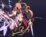  2girls arm_up armor ass back bangs belt black_background black_dress black_gloves black_legwear blonde_hair boots bow braid breasts brown_boots butt_crack butterfly character_name closed_mouth copyright_name demon_horns dress fukai_ryousuke gloves gradient granblue_fantasy hair_between_eyes hair_bow hair_ornament hair_over_one_eye high_heel_boots high_heels holding holding_sword holding_weapon horns large_breasts lavender_hair long_hair looking_at_viewer multiple_girls narumeia_(granblue_fantasy) outstretched_arm panties pauldrons pointy_ears ponytail red_bow red_eyes revision short_dress simple_background single_thighhigh smile sword thigh-highs thigh_strap underwear unsheathed upside-down vira weapon white_panties 