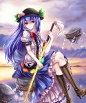  1girl absurdres bangs blue_hair blue_skirt boots bow brown_boots clouds cloudy_sky evening floating_rock food frilled_skirt frills fruit hair_between_eyes hat high_heel_boots high_heels highres hinanawi_tenshi horizon knee_boots long_hair long_legs long_skirt looking_at_viewer looking_to_the_side mountain ocean orange_sky peach rainbow_order red_eyes rope sheya shimenawa shirt short_sleeves sidelocks silhouette skirt sky small_breasts smile solo sunset sword_of_hisou touhou very_long_hair white_shirt 