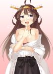  1girl bare_shoulders black_eyes breasts brown_hair cleavage double_bun hairband kankitsunabe_(citrus) kantai_collection kongou_(kantai_collection) long_hair nontraditional_miko open_mouth ribbon-trimmed_sleeves ribbon_trim solo 