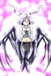  1girl arachne carapace claws closed_eyes detached_sleeves extra_eyes eyes_visible_through_hair full_body hands_on_own_chest insect_girl lavender_hair monster_girl monster_musume_no_iru_nichijou multiple_legs navel pelvic_curtain pink_background rachnera_arachnera s-now signature smile solo spider_girl twintails violet_eyes younger 