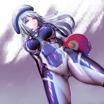  1girl aila_jyrkiainen ass_visible_through_thighs blue_eyes bodysuit breasts dutch_angle gundam gundam_build_fighters harihisa headwear_removed helmet helmet_removed impossible_clothes large_breasts lips long_hair silver_hair skin_tight solo thighs 