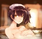  1girl bathing breasts brown_hair hand_on_own_chest jikkentai_(zol8529) kaga_(kantai_collection) kantai_collection large_breasts looking_at_viewer parted_lips short_hair side_ponytail sitting solo towel towel_on_head yellow_eyes 