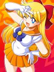  1girl ;d aino_minako anime_coloring bishoujo_senshi_sailor_moon blonde_hair blue_bow blue_eyes bow choker cowboy_shot elbow_gloves gloves gradient gradient_background hair_bow half_updo long_hair looking_at_viewer one_eye_closed open_mouth orange_skirt pleated_skirt red_bow sailor_collar sailor_venus shiny shiny_skin skirt smile star starry_background tanuki_yousuke v white_gloves 