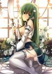  1girl backlighting breasts closed_eyes detached_sleeves flower frog_hair_ornament green_eyes green_hair hair_ornament highres janne_cherry kochiya_sanae lily_(flower) long_sleeves looking_at_viewer no_bra oonusa sideboob sitting skirt snake_hair_ornament solo thigh-highs touhou white_legwear 