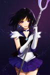  1girl aegyo bishoujo_senshi_sailor_moon black_bow black_hair bob_cut bow choker circlet cowboy_shot crystal earrings elbow_gloves eyelashes gloves highres holding jewelry looking_at_viewer parted_lips pleated_skirt red_lips sailor_saturn scythe short_hair silence_glaive skirt smile solo tomoe_hotaru violet_eyes white_gloves 